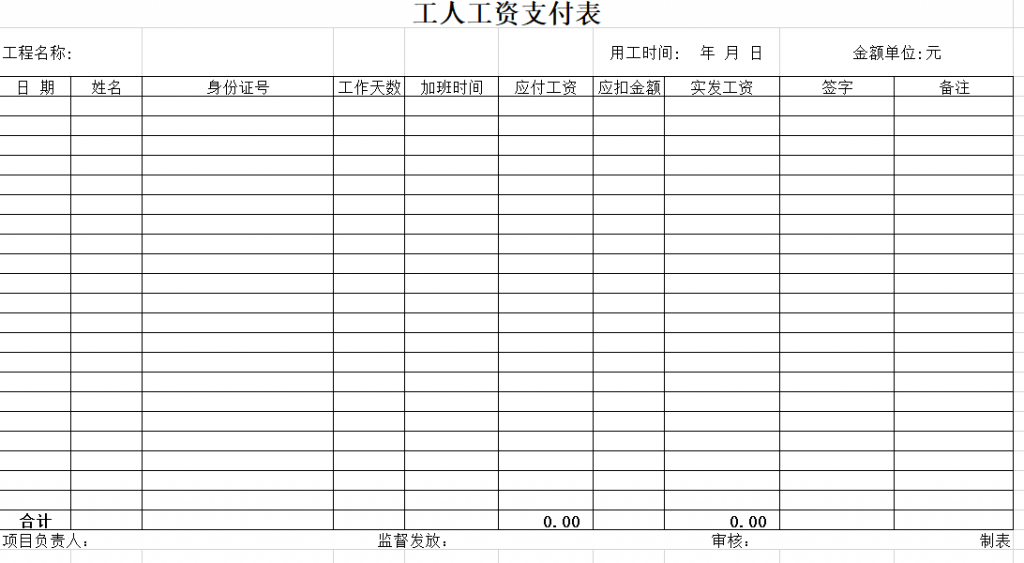 工地工人工资表格式免费下载