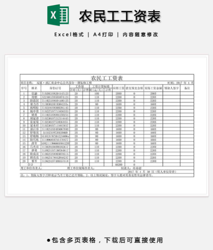 020农民工工资表模板（精编）免费下载"