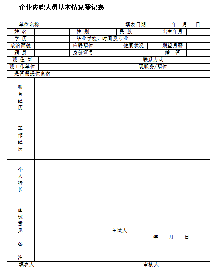 企业应聘人员基本情况登记表免费下载