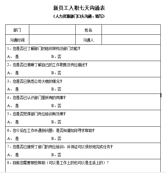 新员工入职七天沟通表免费下载