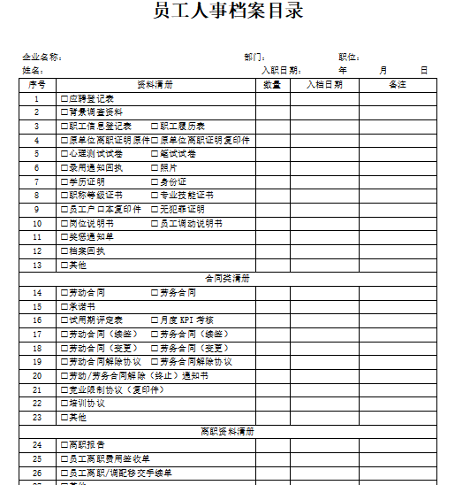 员工档案清单目录免费下载