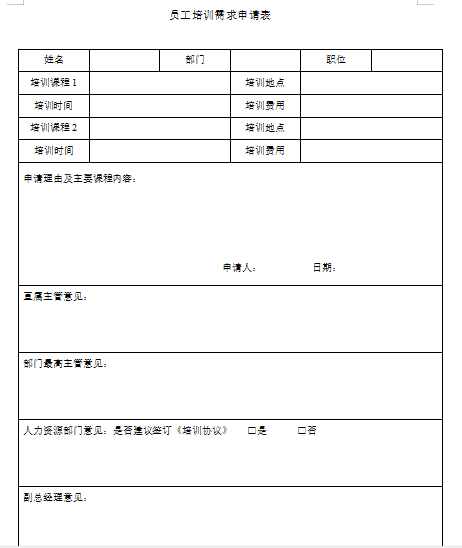 员工培训需求申请表模板免费下载