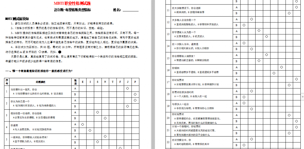 MBTI职业性格测试(有答案)免费下载