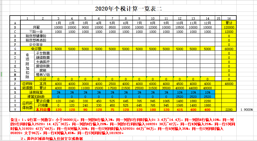 020年个税工资表计算一览表（三险一金，六项附加扣除）免费下载"