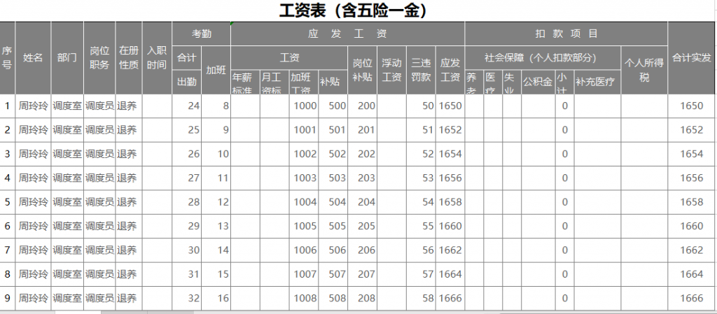 工资表(含五险一金)Excel模板免费下载