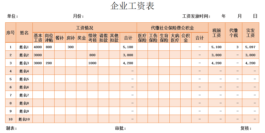 通用企业工资表模板免费下载