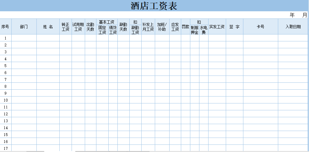 酒店工资表模板（范本）免费下载