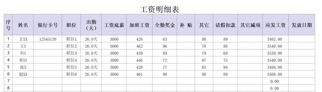 工资账单格式参考免费下载