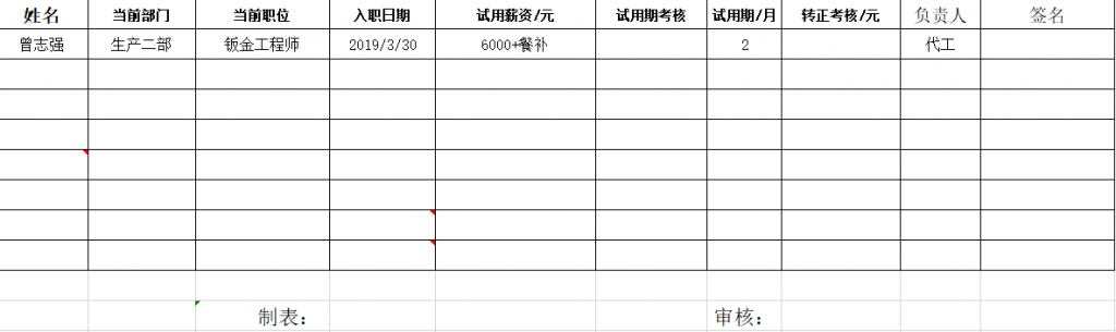 试用期员工及企业员工工资表样本免费下载